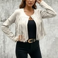 thumbnail image 2 of Fall Women Jacket Solid Suede Fringe Button Open Front Cardigan Slim Fit Cropped Winter Clothes Beige, 2 of 5