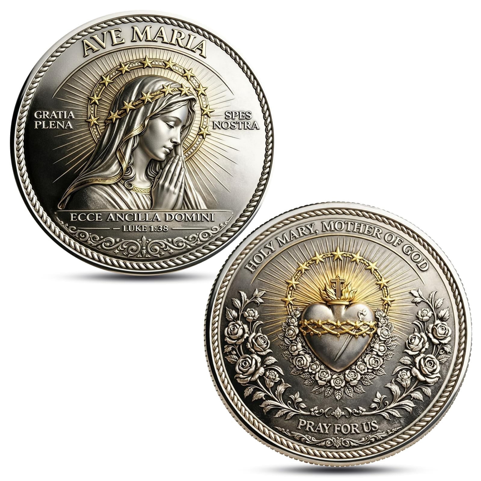 Catholic Commemorative Coin Holy Mary Religious Sacred Devotion Keepsake with Latin Scripture Spiritual Medallion for Easter Christmas Prayer Collection Gift