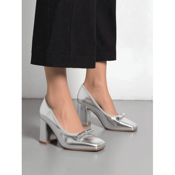 Top Moda Women Block Heel Pumps Classic Square Toe Dress Shoes Bow Elba-56 Silver Metallic 7, Women's