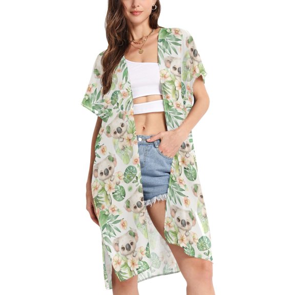 joogoo Women's Koala in Palm Leaves Beach Cover Up Kimono Swimsuit Summer Cardigan Swimwear S