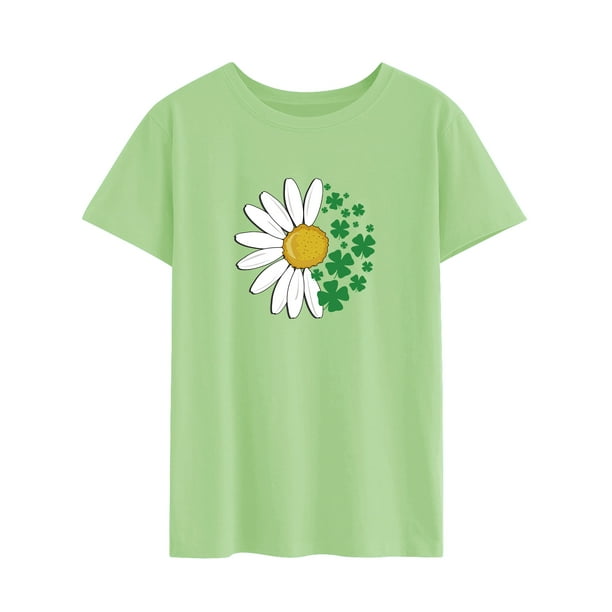TWZH Women Clover Daisy Graphic Print Crew Neck Short Sleeve T