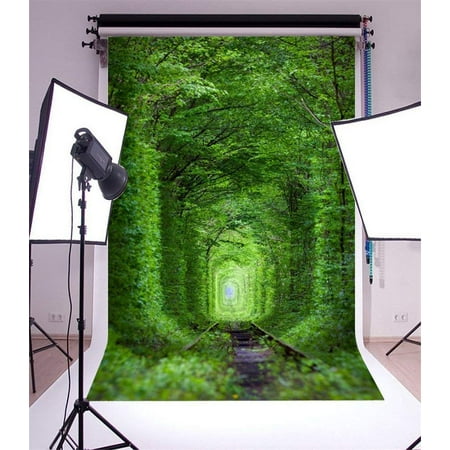 Image of ABPHOTO 5x7ft Photography Backdrop Jungle Railroad Tracks Trees Green Leaves Fairytale Nature Spring Travel Photo Background Backdrops
