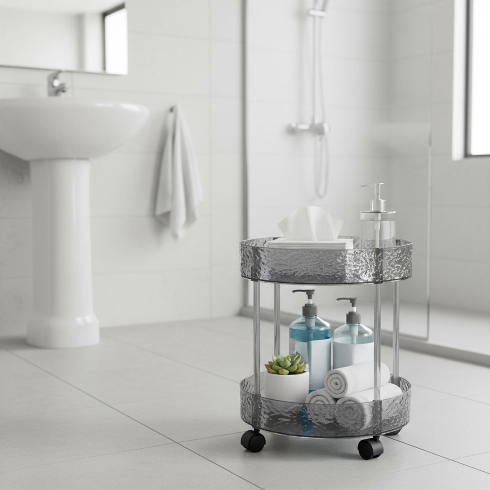 SCNOR Organizing 2 Tier Round Storage Trolley, Clear Plastic Rolling Cart with 4 Smooth Wheels - Easy Assembly Movable Organizer for Kitchen, Bathroom, Living Room, Bedroom Space-Saving