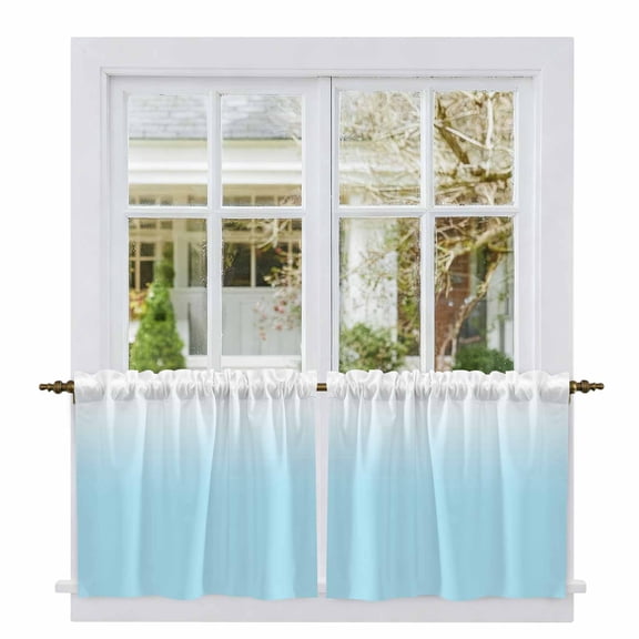 Blue White Ombre Tier Curtains, Gradient Color Modern Abstract Art Light Filtering Kitchen Curtains, 2Pcs Rod Pocket Half Window Treatments Panels for Sink Cafe Cabinet Camper 27.5x24 Inches