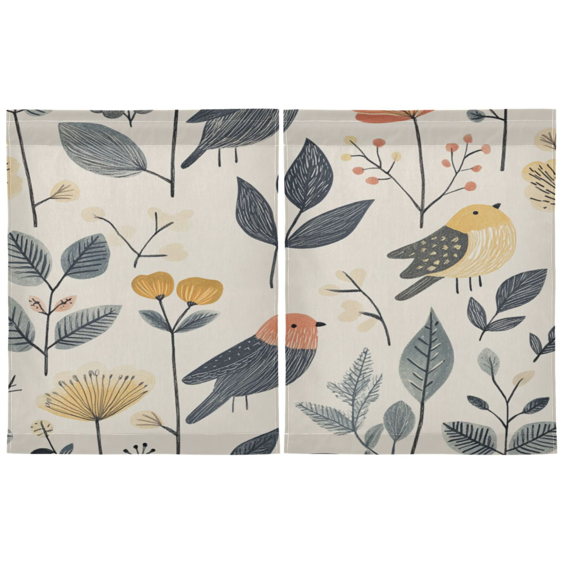 Hand Drawn Bird 27"x36" Linen Look Cafe Curtain Set with Privacy and UV Protection