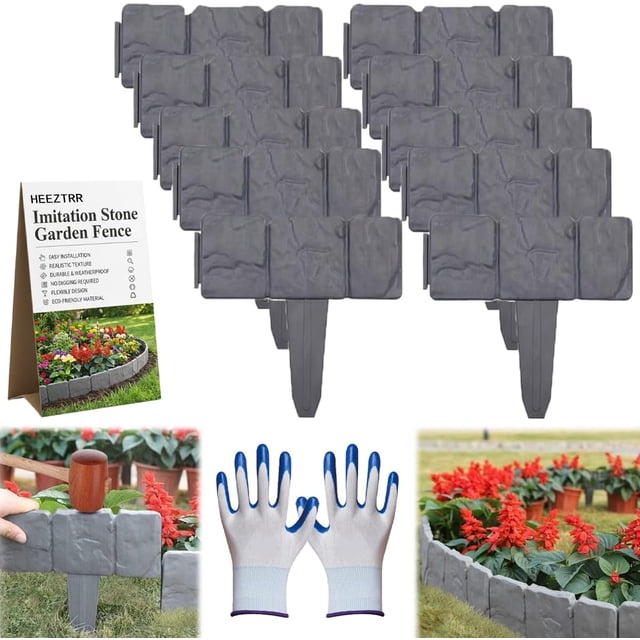 10-Pack Imitation Stone Garden Fence Plastic Retaining Edging Border Grey Cobbled Effect Landscape Decor Interlocking Decorative Panels Flower Bed Path Lawn Outdoor Picket Yard Grass Edge (Gray)
