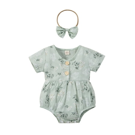 

Gwiyeopda Infant Baby Girl Floral Linen Cotton Romper Fly Sleeve Bodysuit Headband Outfit
