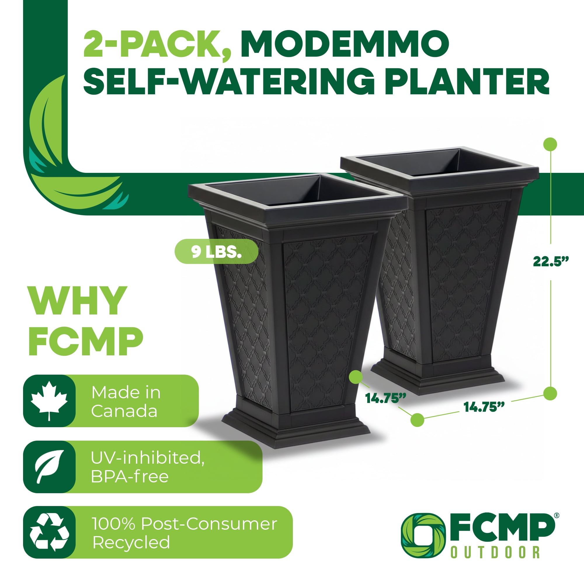 FCMP Outdoor Modemmo Self-Watering Planter, Casablanca Pattern, Black, Set of 2