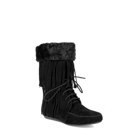 

Nature Breeze Fringe Women s Moccasin Booties in Black