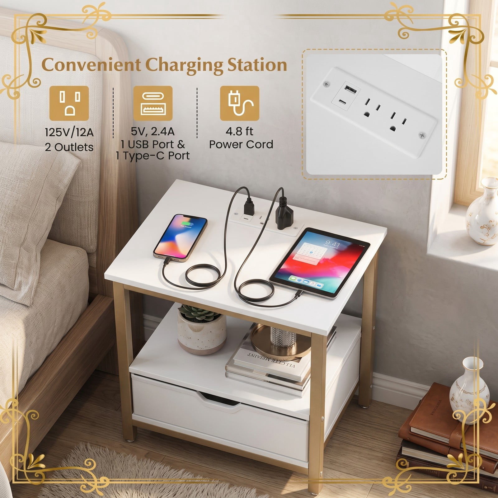 Furnibear Nightstand Set of 2 with Charging Station and Foldable Fabric Drawer and Open Shelves for Bedroom and Living Room, White and Gold