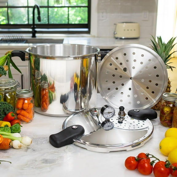 Barton 22 Quart Pressure Cook Canner Build-in Gauge Dial Fast Cooking Pot Polished Aluminum