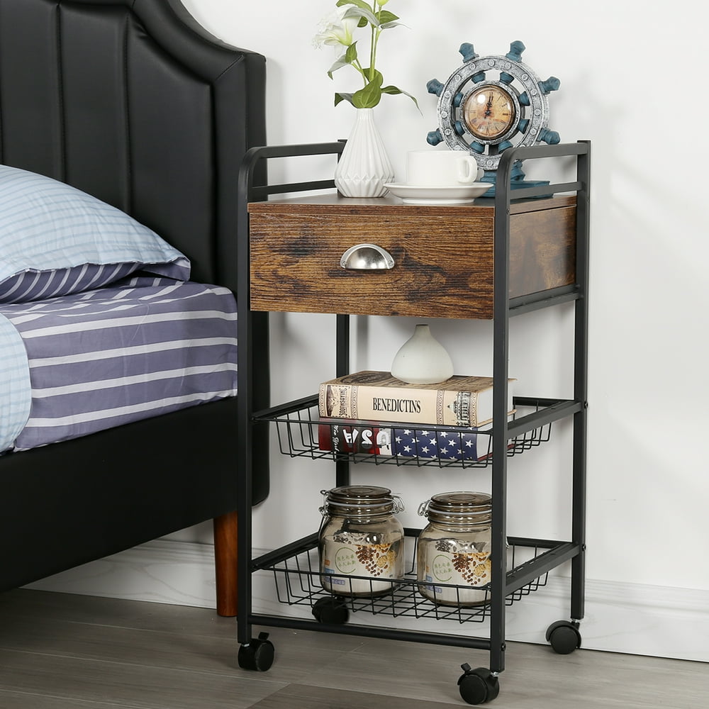 VECELO Industrial End Side Table with Drawer and Storage Basket, Home