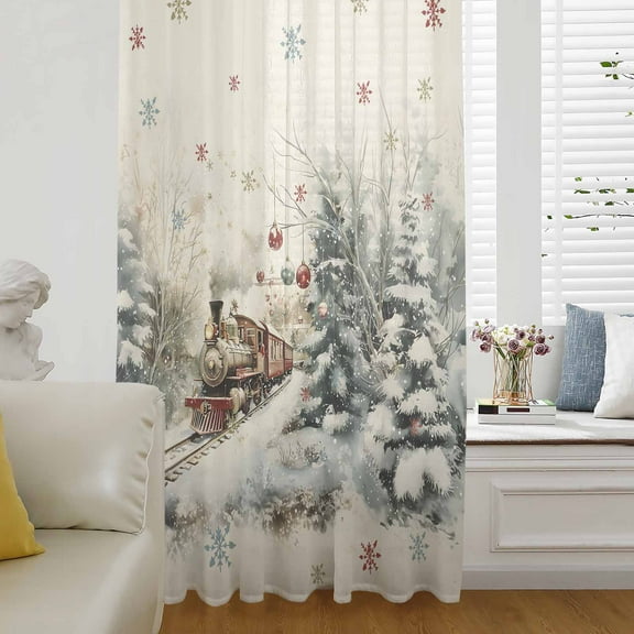Christmas Semi Sheer Curtains Drapes for Living Room, Bedroom, French Doors Window 96 Inches Long, Train Xmas Tree Snowflake Balls Rod Pocket Chiffon Curtain Drapery Voile Draperies Panel