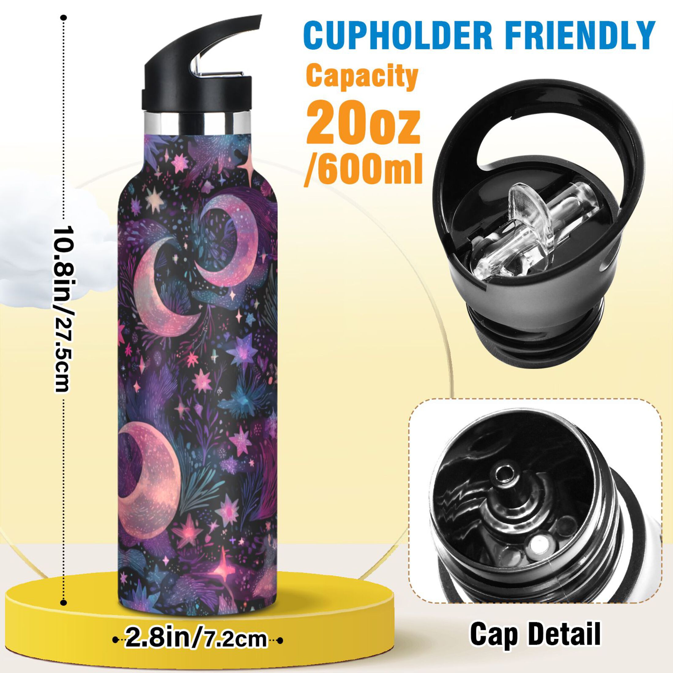 600ML Stainless Steel Insulated Cup Sports Water Bottle Portable Thermos Cup Water Glasses Insulated Tumblers Convenient and Durable Purple Moon