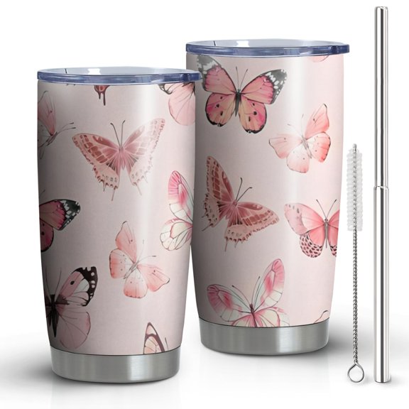 20oz Tumblers Pink Butterfly Pink Wings Pattern Stainless Steel Vacuum Insulated Double Wall Travel Tumbler Cups Mug with Lid and Straw,Cleaning Brush for Cold & Hot Drinks