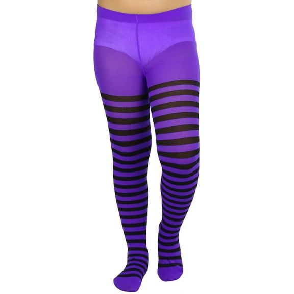 ToBeInStyle Girls' Horizontal Striped Full Length Tights - Black/Purple - 7-10 Years