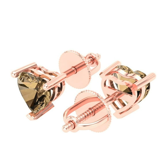 1.0 Ct Heart Cut Studs Champagne Crystal 14K Rose Solid Gold Everyday Dainty Earrings Screw Back