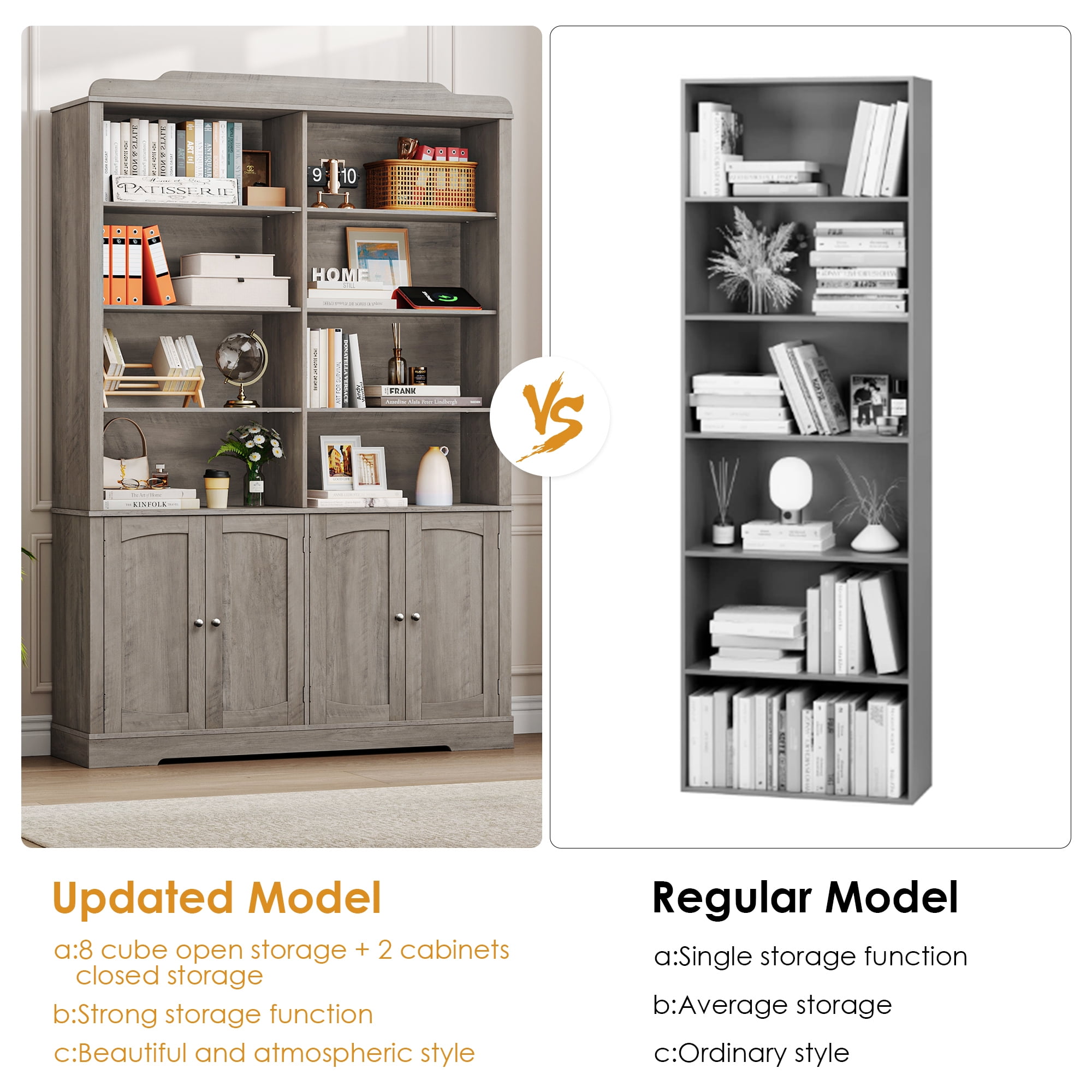Homfa 73'' Tall Bookcase with 4 Doors, 6-Tier 8 Cubes Display Bookshelf, Double Row Bookcase with Adjustable Shelves for Living Room Home Office, Gray