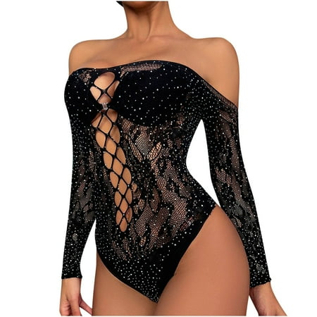 

HTNBO Babydoll Lingerie for Women Sexy Plus Size Lace Fishnet Black One Size