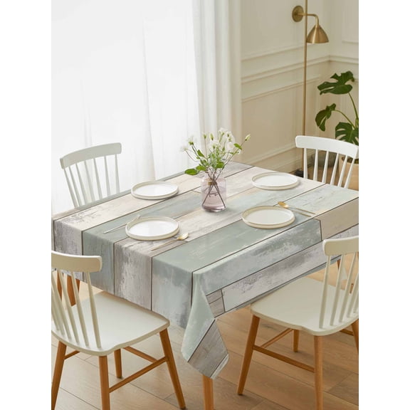 Beige Light Green Tablecloth Rectangle Table Cloth 52x70, Waterproof Outdoor Table Cloth Covers Decorative Table Protector, Farmhouse Wooden Striped Washable Table Cover for Kitchen Dinning Party