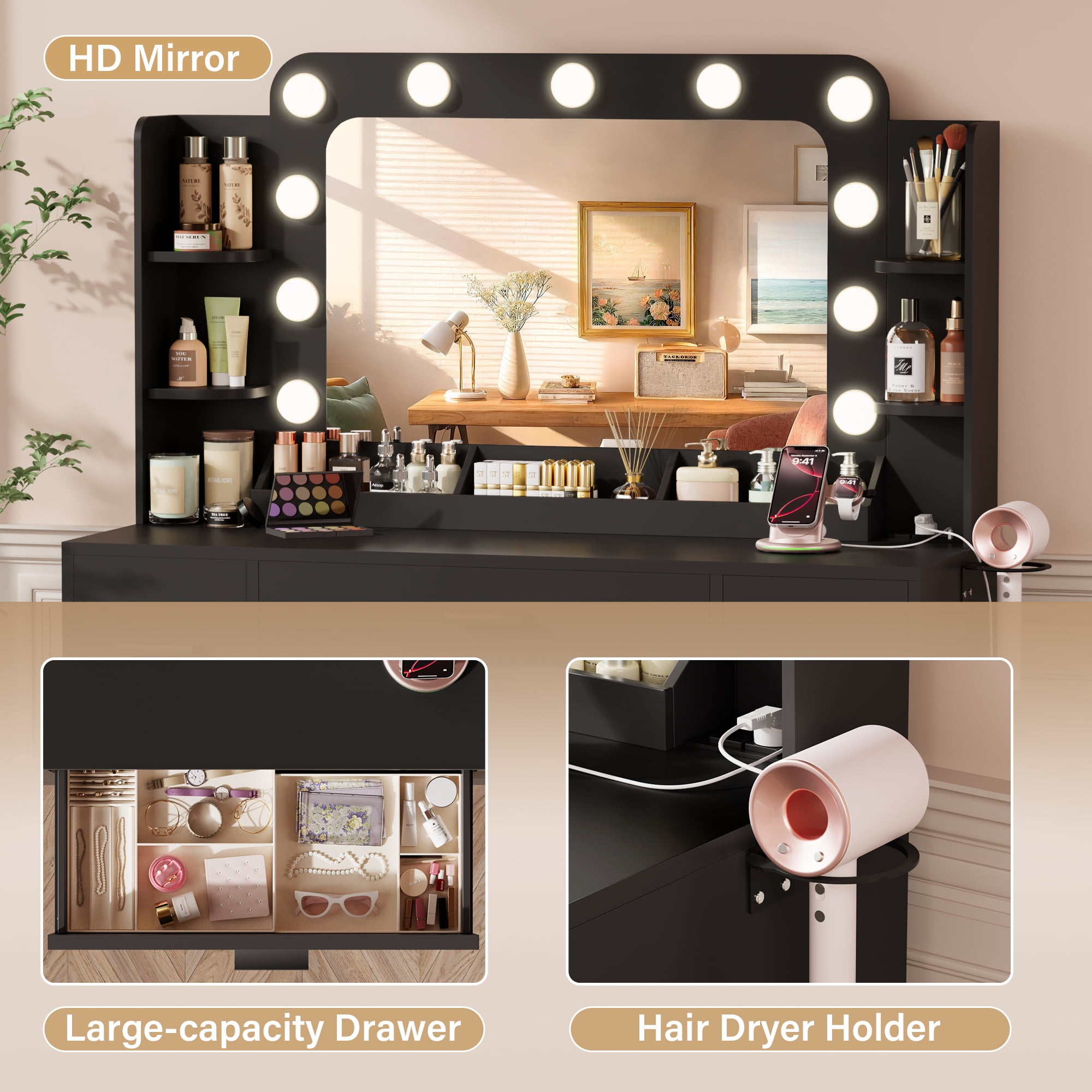 Lacoo Vanity Desk with Mirror & Lights, Makeup Vanity Set with 7 Drawers & Shelves, Vanity Table for Bedroom, Black