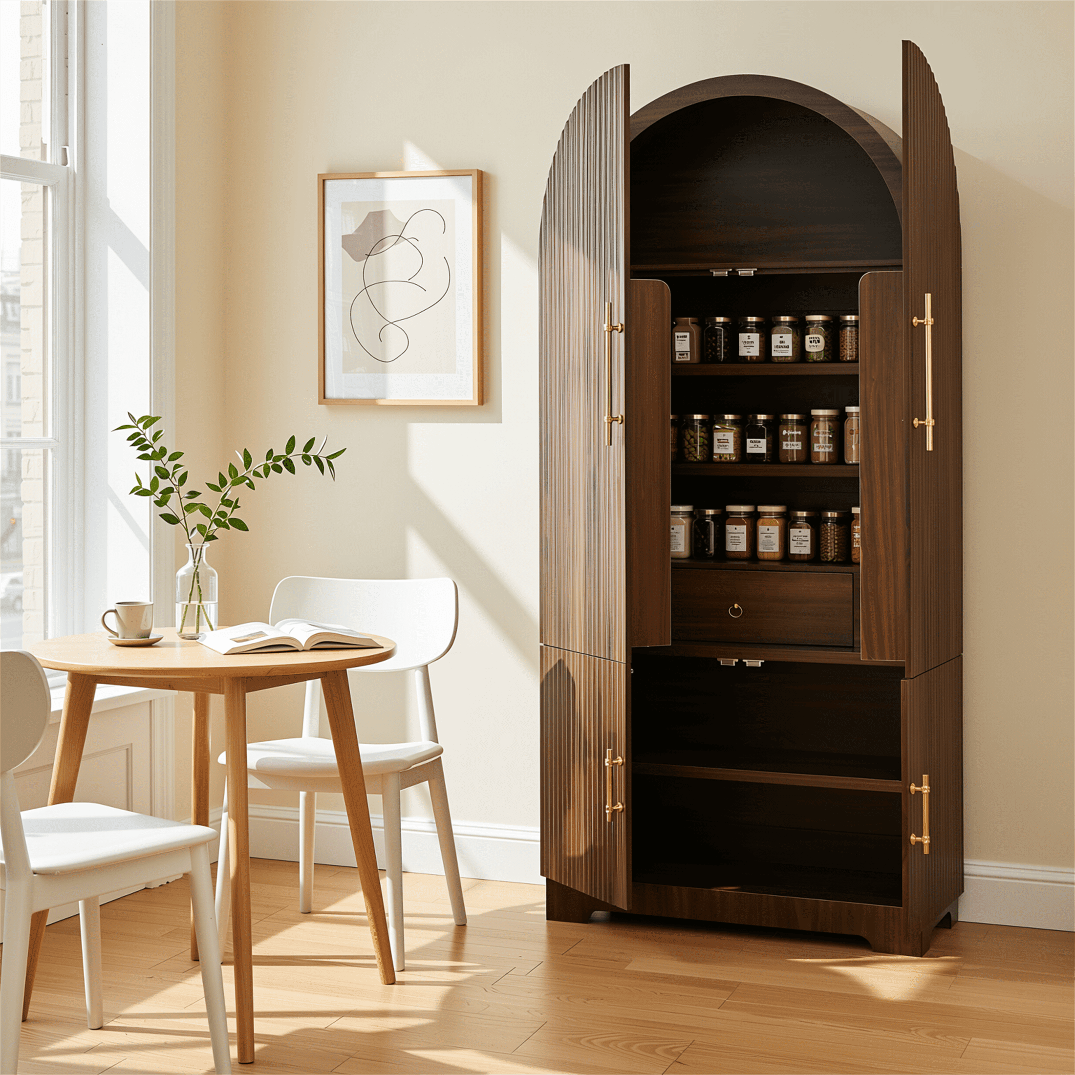 Homy Casa 72" Arched Kitchen Pantry Cabinet with 8 Door Shelves and Hidden Drawer, Walnut