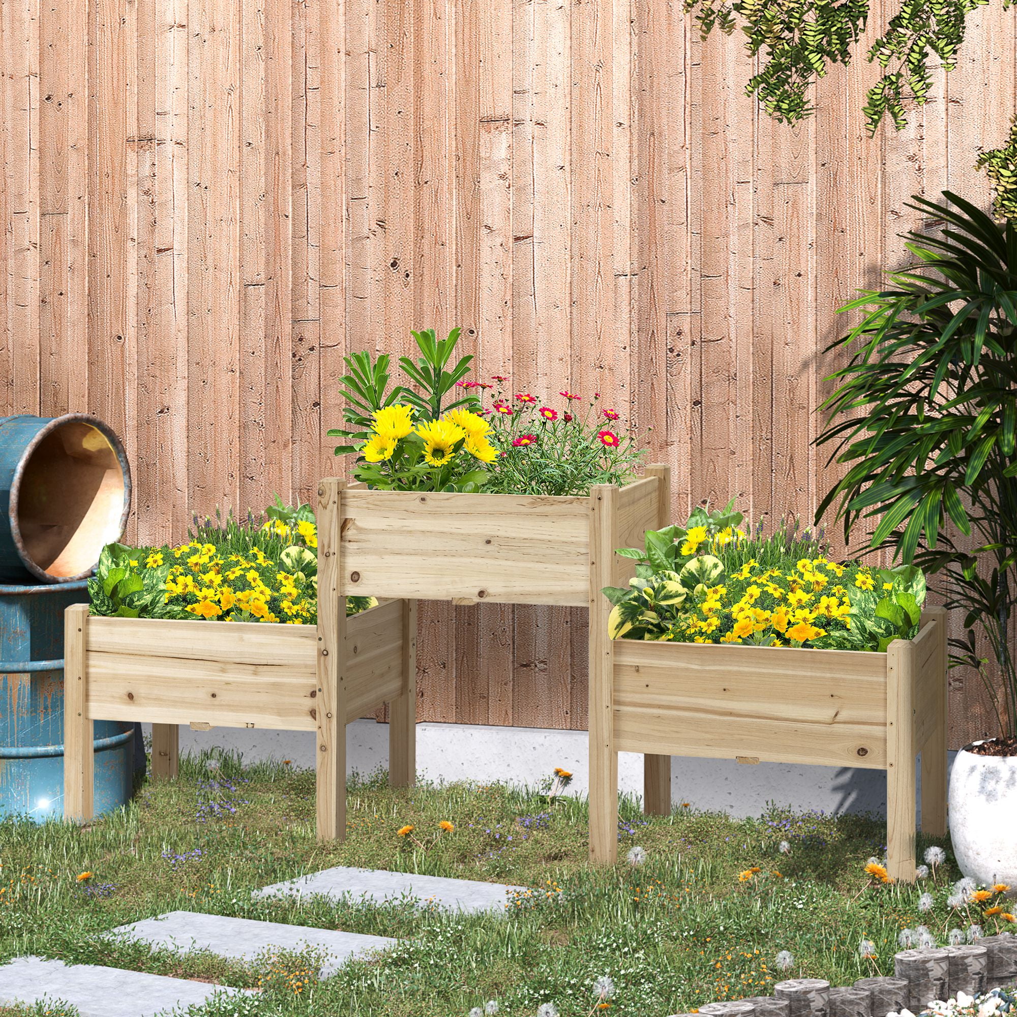 AsterOutdoor Raised Garden Bed with 3 Planter Boxes, Elevated Wooden Plant Stand with Drainage Holes for Vegetables, Herbs & Flowers, Natural