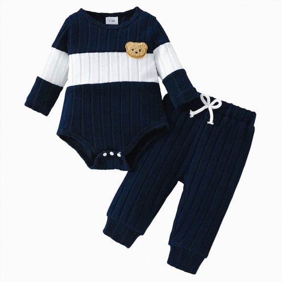 0-3 Months Infant Newborn Baby Boy Clothes Fall Winter Outfits Casual Outfit Infant Long Sleeve Color Blocking Rompers Jogger Pants Sets Todddler Boys Winter Clothes,Navy