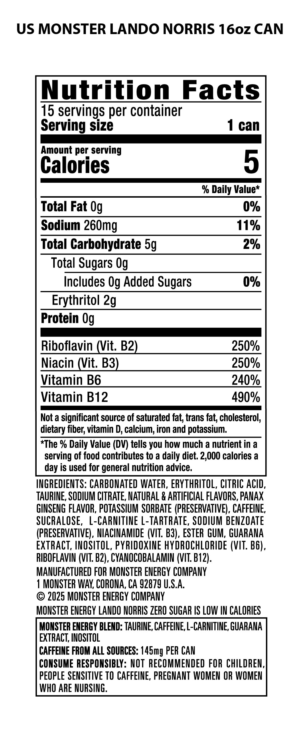 Monster Energy Zero Sugar, Lando Norris, Sugar Free Energy Drink, 15 Pack - 16 fl oz