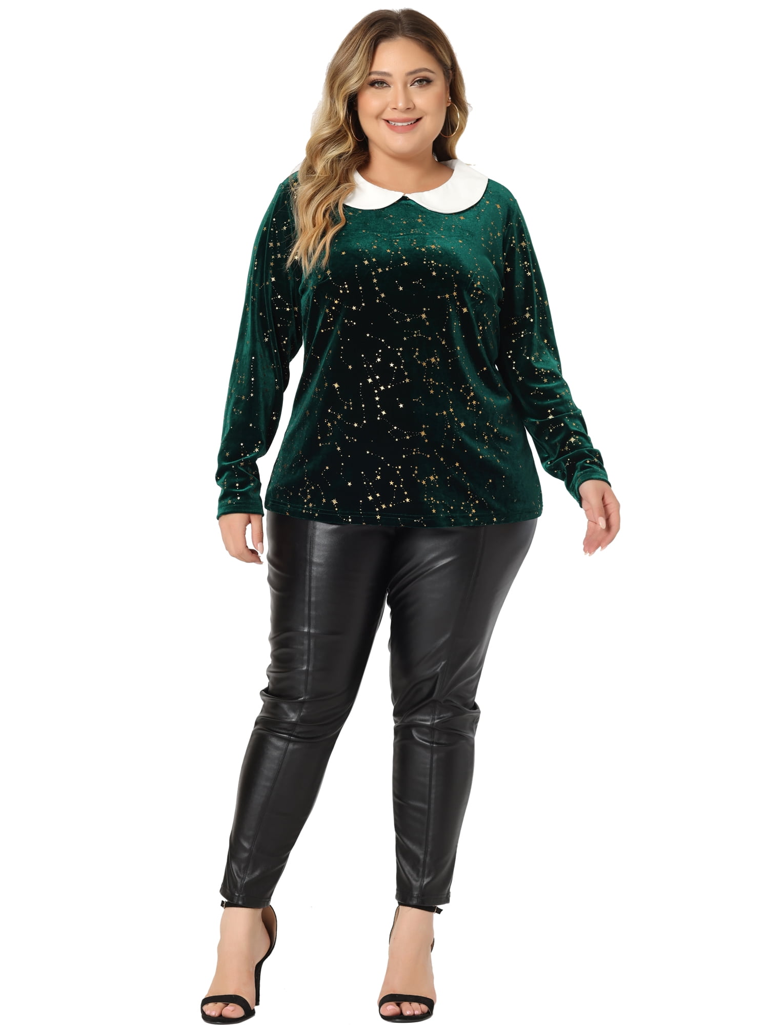 Unique Bargains Women's Plus Size Long Sleeve Peter Pan Collar Vintage Velvet Tops 2X Green