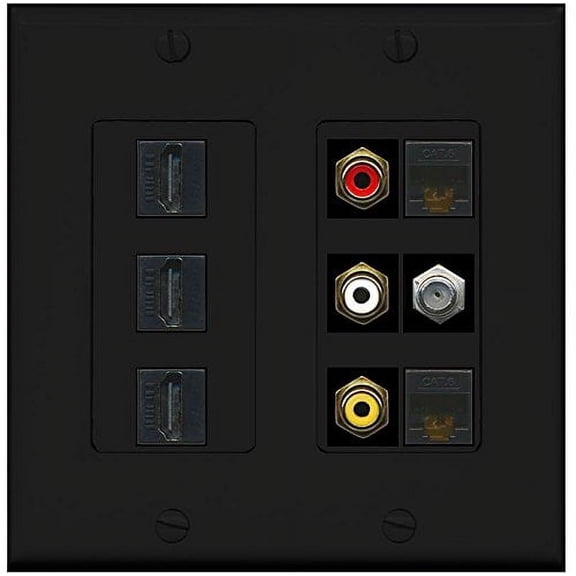 RiteAV - (2 Gang Decorative Composite Video 3 HDMI Coax 2 Cat6 Black Wall Plate Black