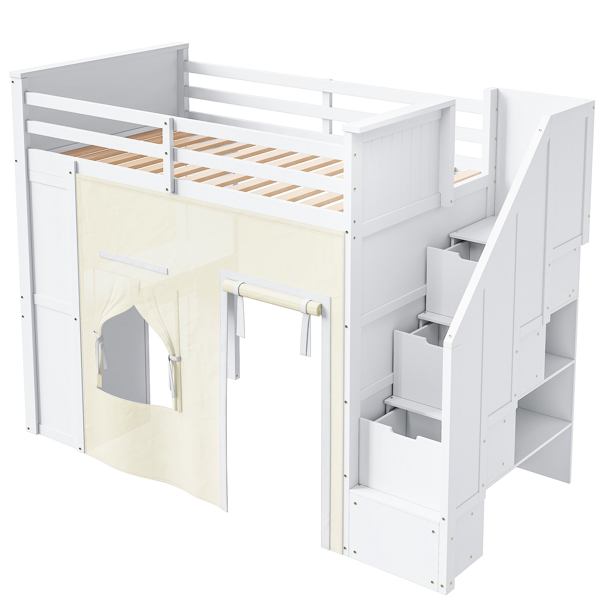 Euroco Wood Twin Size Loft Bed with Desk and Drawers, Storage Bed with Shelves and Curtain, White