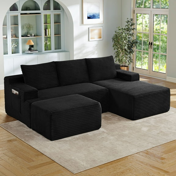 Muumblus U-Shaped Modular Sectional Sofa with Chaise and Movable Ottoman, No Assembly Boneless Corduroy Cloud Couch，Deep Seat Sleeper Living Room Furniture, Black（Right Facing Chaise）