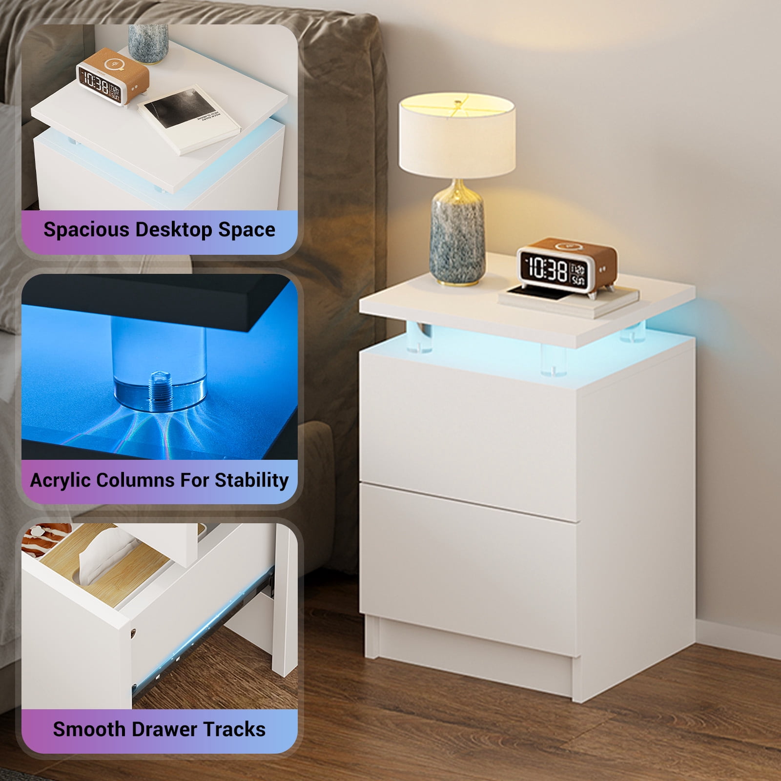 BaPiPro LED Nightstand Set of 2, Modern LED End Table with 2 Drawers, Bedside Table with Lighting for Bedroom, Living Room, White