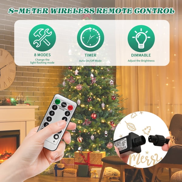 Alvantor 7.5 ft Green Artificial Christmas Tree with 400 Warm White LEDs, 8 Modes, Remote, 950 PE and PVC Tips, Red Decor and Tree Skirt