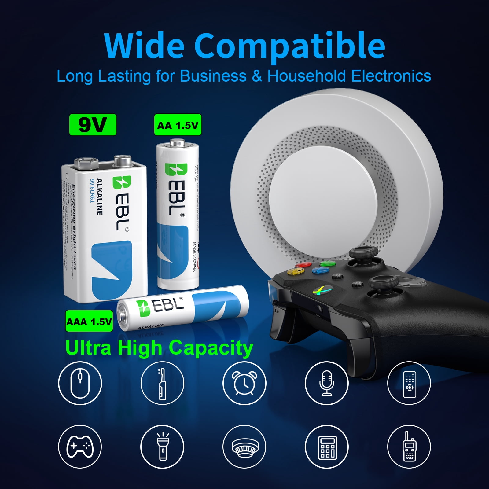 EBL 52-Count 1.5V Alkaline AA & AAA & 9V Batteries Combo Pack (24 Double A + 24 Triple A 1.5 Volt + 4 Pcs 9 Volts ) Smoke Alarm Detectors Battery, Ultra High Power Long Lasting 10 Years Storage Life
