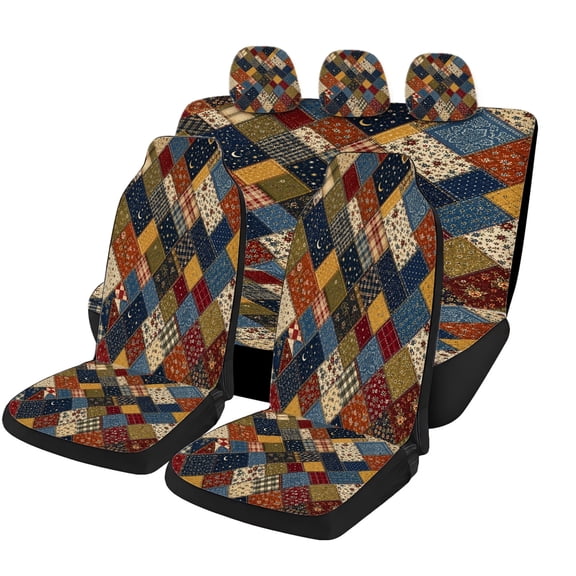 Verolix Country Plaid Patchwork Car Seat Covers Full Set of 5, Universal Auto Seat Covers with Front Seat Covers, Rear Bench Cover and Headrest Covers for Cars SUVs Trucks Vans, Interior Accessories
