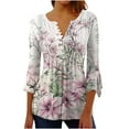 thumbnail image 3 of Feancey Floral Shirts for Women Trendy Button V Neck 3/4 Sleeve Tops Loose Fit Casual Pleated Tunic Blouse Dressy Elegant Boho Vacation Tshirts Multicolor XL, 3 of 5