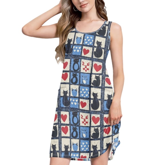 FORMRS Summer Dress for Women Loose U Neck Sleeveless Midi Beach Sundresses with Pockets, Black Cats and Hearts