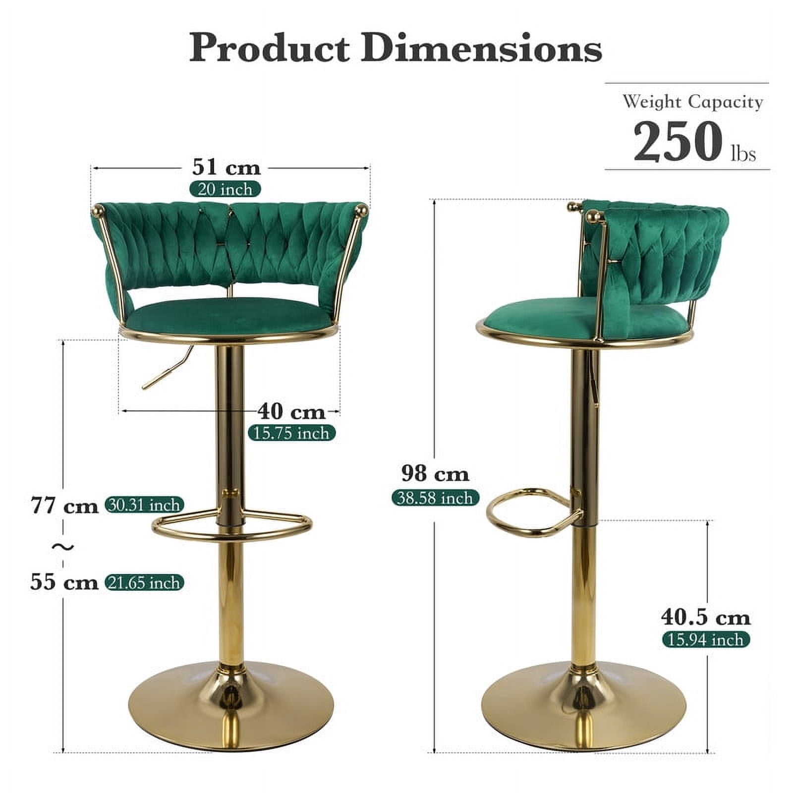 Hawsaiy Modern Velvet Bar Stool Set of 2 with Woven Back and Footrest for Kitchen, Bar, and Dining Spaces,Green