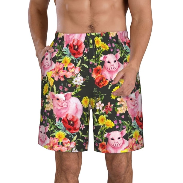 Balery Cute Pigs Sunflower Traje de Baño Estilo Hawaiano para Hombre, Shorts de Secado Rápido con Bolsillos-Large