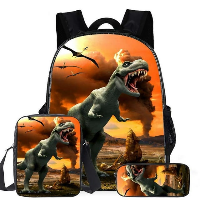 Set de mochilas escolares de nailon con dibujos animados de dinosaurios para niños, 3 unidades