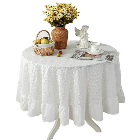 

Tablecloths For Round Tables European Style Tablecloth With Ruffles polyester Cotton Table Cover For Banquet Party Birthday Festival Picnic Table Decoration-White-120*120cm