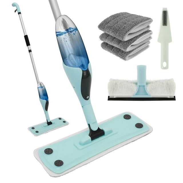 Microfibre Spray Mop 360° Rotating Spray Floor Mop Cleaner with Scraper Flat Mop with Sprayer Wet and Dry Mop 550ML Spray Bottle with 3 Washable Mop Pads for Home Kitchen