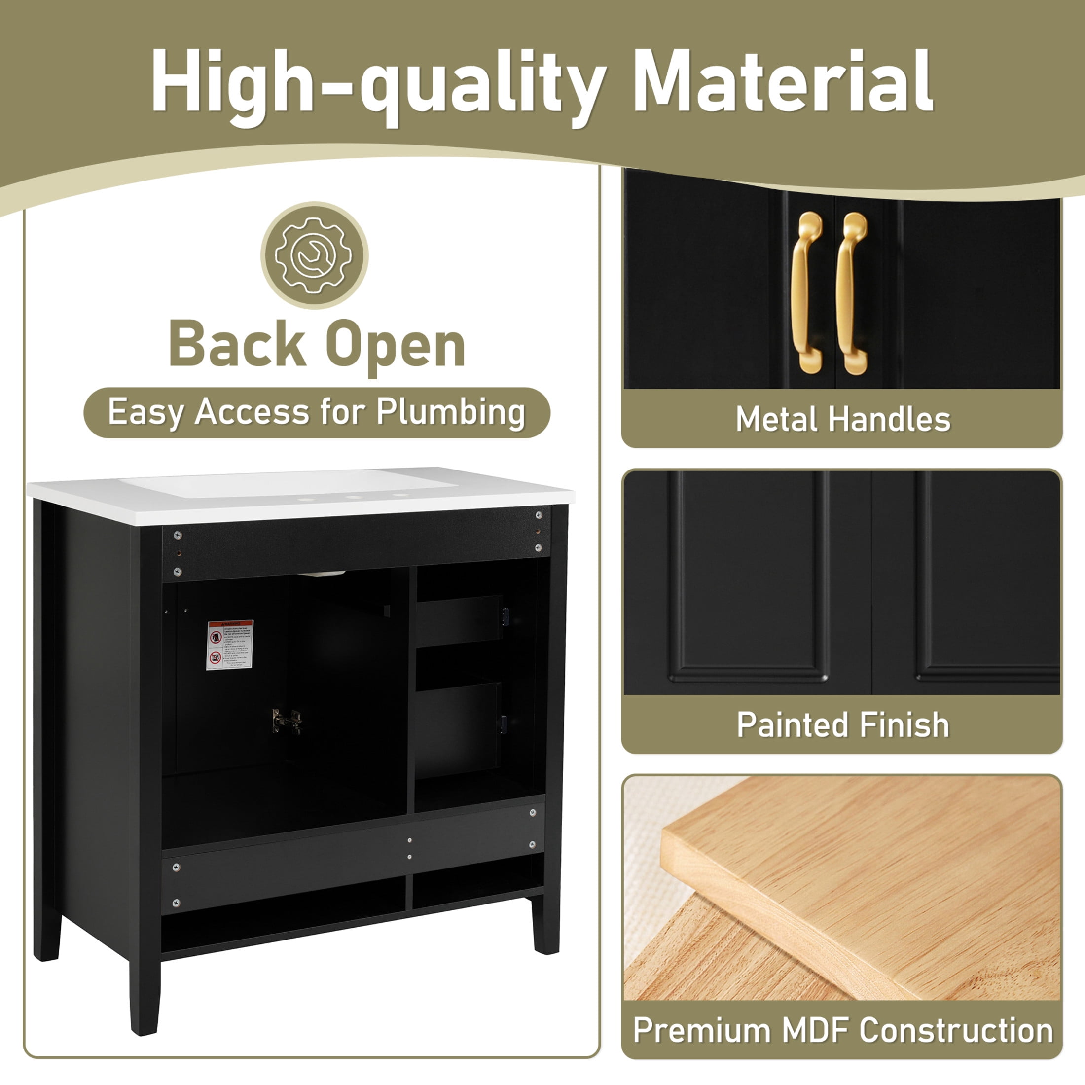 Christopher Knight Home 24" Bathroom Vanity with Sink, Soft-Close Cabinet & Drawers, Black Metal Handles, Black