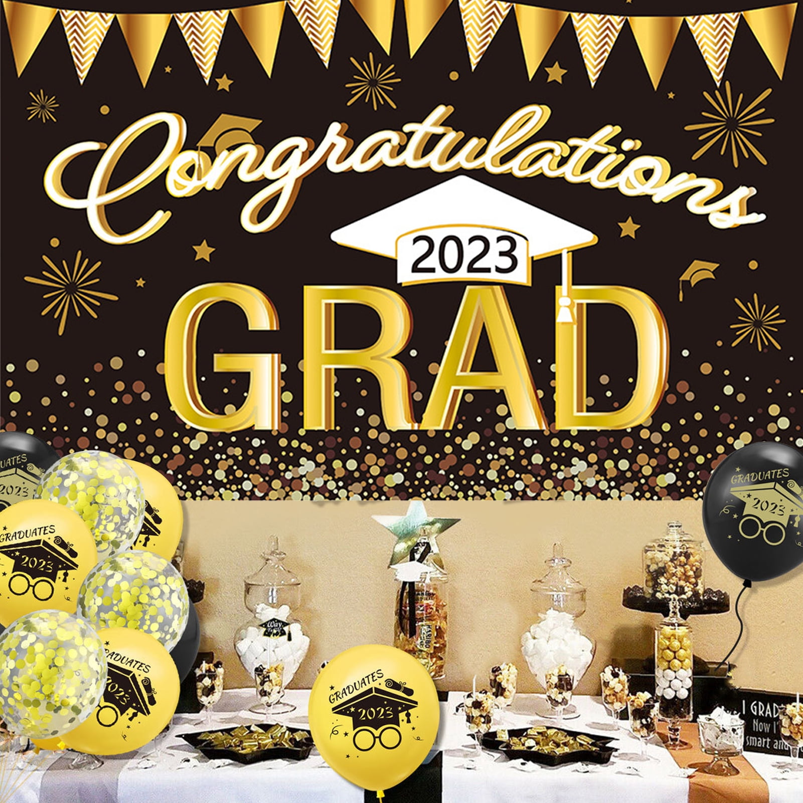 Large Congrats Grad Backdrop Black Gold Glitter Diamond Graduation