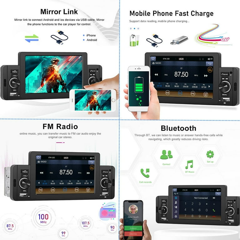 Car Radio Stereo 1 DIN With Apple CarPlay Android Auto USB Bluetooth  Touchscreen