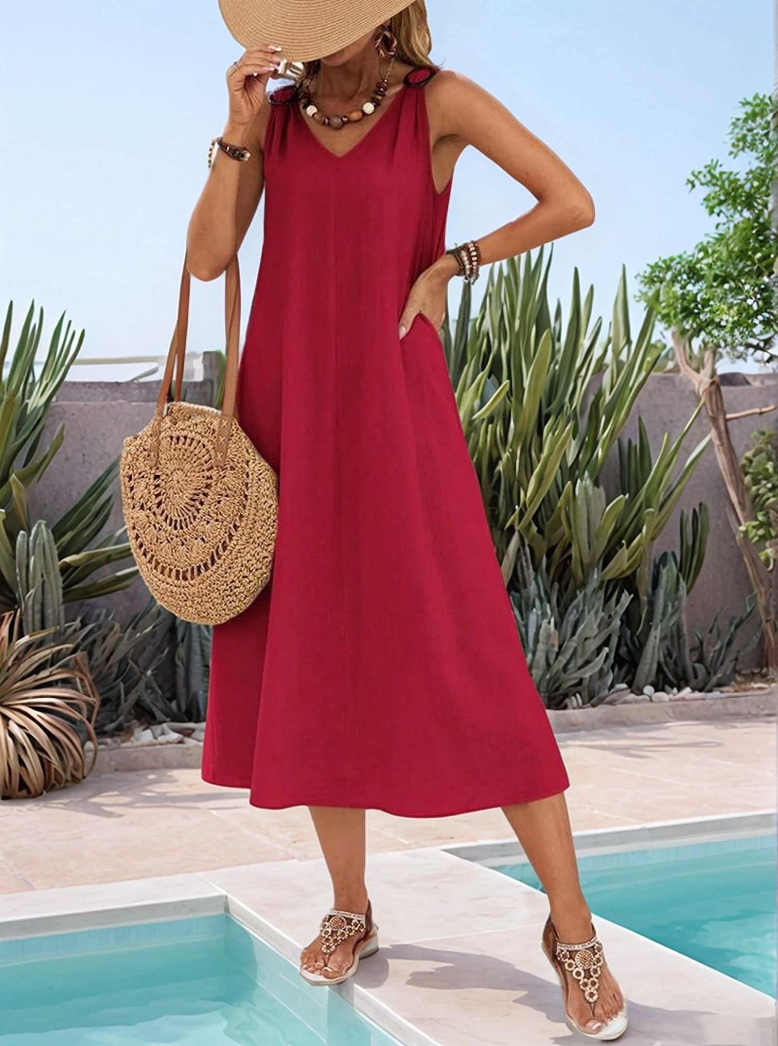 Dresses for Women Spring Summer Sleeveless V Neck Cotton Beach Casual Dress Wine Red XXL
