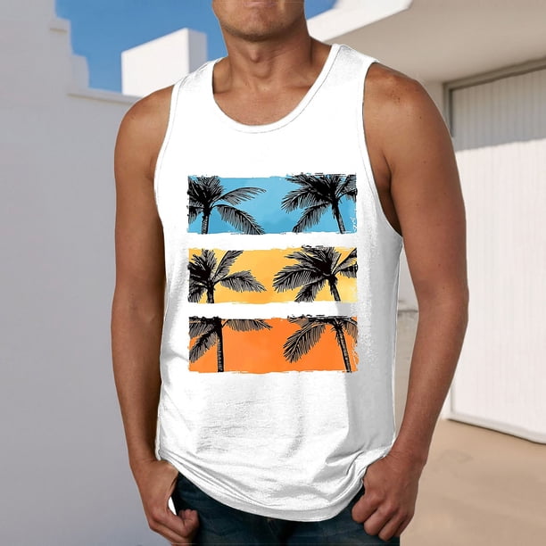 Camiseta sin mangas de cuello redondo para hombre, estampada, informal, deportiva, elástica, de moda, de poliéster.