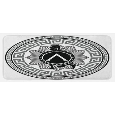 Retro Kitchen Mat, Concept of Greek Pattern Spartans Silhouette Retro Design, Plush Decorative Kitchen Mat with Non Slip Backing, 47" X 19", Grey Black White, by Ambesonne